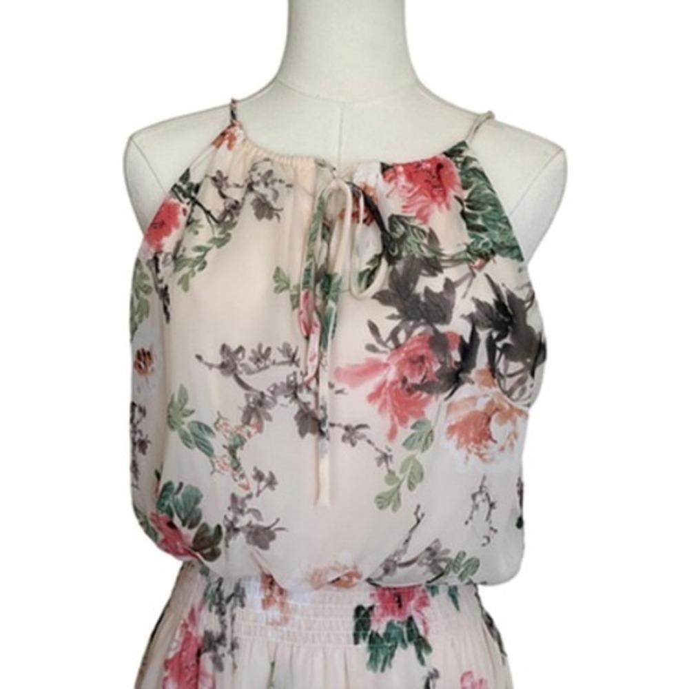 Sweet Storm Floral Halter Dress Cream Pink Smocked Waist Large Wedding Guest - Picture 3 of 12